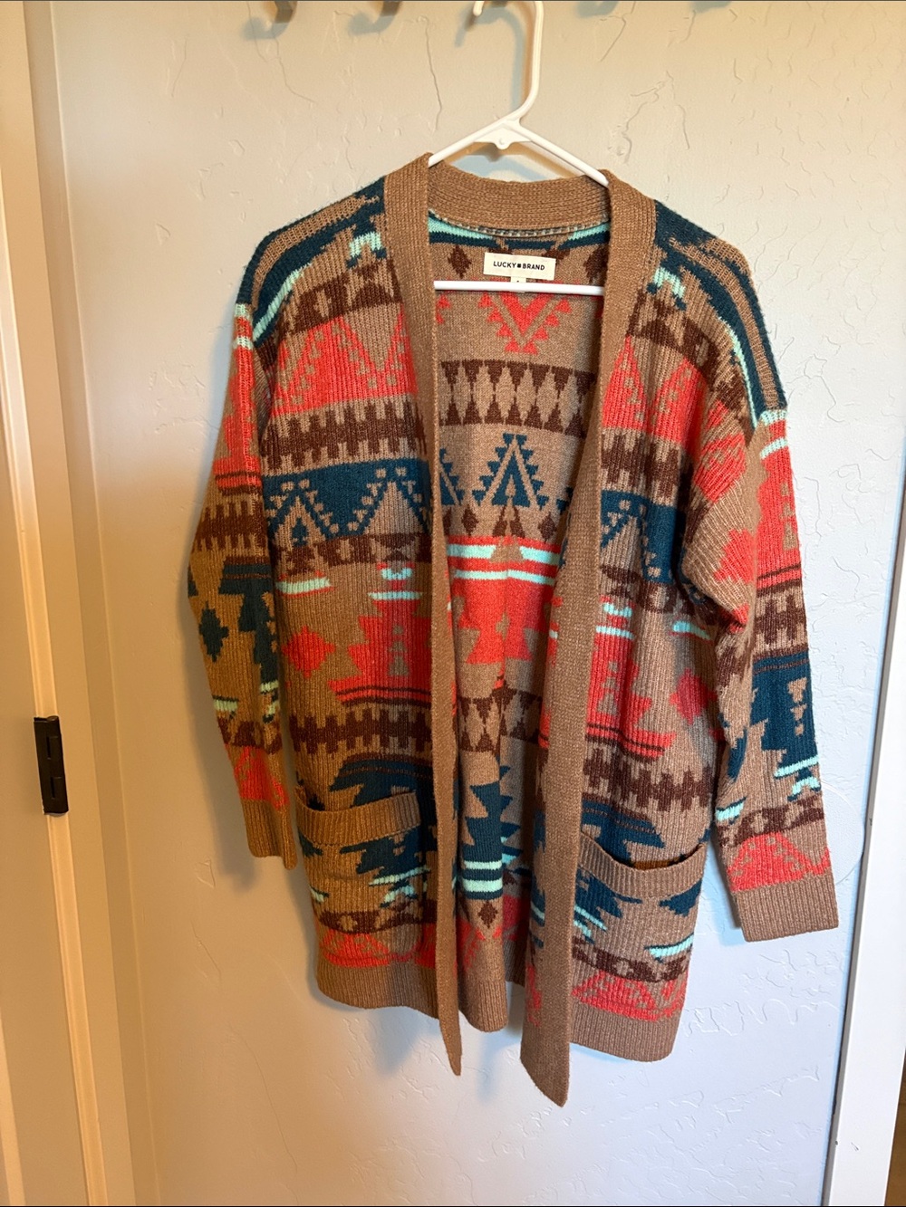 Lucky Brand Tan Multicolor Aztec Open Cardigan